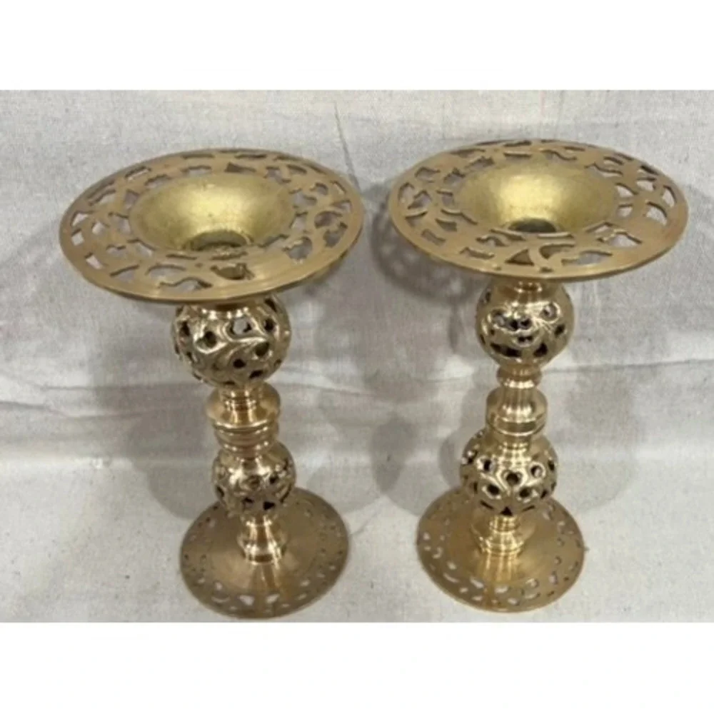 Vintage Brass Openwork Lattice Candlestick Holders Ornate Pierced Set of 2 9in